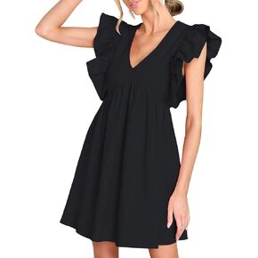 Fancyinn Women's Summer Dismal Dabydoll Mini Dress Frucklessless Deep Deep V الرقبة عالية الخصر ثوب الأرجوحة مع جيوب