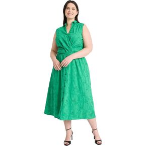 Maggy London Women's Sleeveless Eyelet Midi Wrap Bodice and Collared V-Neck-Embroidered Voile Summer Wedding Guest Dress