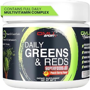 GMU SPORT Greens and Reds Superfood Powder - Reds and Greens Powder Supplement with 42 Superfoods, Antioxidants, Adaptogen and Probiotics for Digestive Health and Mental Focus - Peach Berry