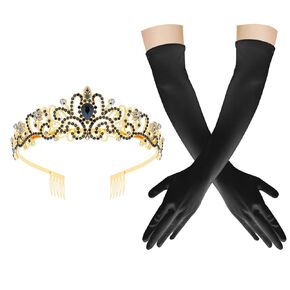 Silver Tiara Queen Crown and Long Satin Elbow Length Gloves for Women - White Princess Opera Quinceanera Wedding Tiaras for Bride - Prom Accessories