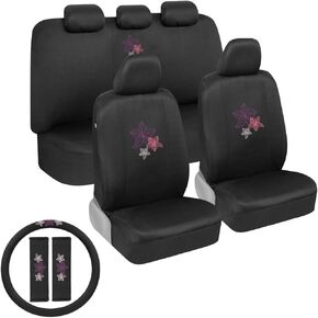 BDK Hawaiian Flowers Car Seat Covers Full Set with Steering Wheel Cover and Seat Belt Pads – Front and Rear Covers with Matching Embroidered Accessories, Universal Fit for Cars Trucks Vans SUVs in Saudi Arabia