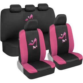 BDK Two-Tone Pink Heels Car Seat Covers Full Set with Steering Wheel Cover and Seat Belt Pads – Front and Rear Covers with Matching Embroidered Accessories, Fits Most Cars Trucks Vans SUVs, SCPRINTS