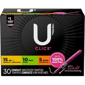U by Kotex Click Multipack Tampons, Compact, Regular/Super Absorbency, Unscented, 90 Count (3 Packs of 30) (Packaging May Vary)