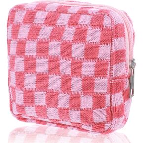 Period Bag for Teen Girls, Corduroy Sanitary Napkin Storage Bag Portable Period Pouch with Zipper Pink Checkered Menstrual Pad Bag Soft Tampon Holder for Purse