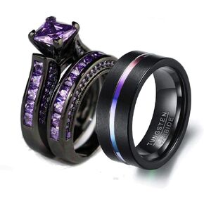 زوجان رينغ رينغس يضعه ونساء الذهب الأسود المليء بالذهب في البنفسجي CZ Men Tungsten Carbide Band Band Band Band Band Band