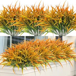 16 Bundles Artificial Plants Outdoor Fake Grass Greenery Stems UV Resistant Faux Plastic Plants Shrubs for Spring Summer Home Garden Pathway Window Box Front Porch Decor, Red