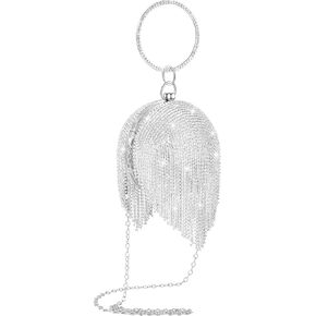 Saintrygo Disco Ball Purse for Women Silver Circle Crystal Clutch Rhinestone Tassel Long Chain Handbag Wedding Party Supplies(Ball Shape,Silver)