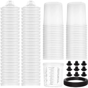 50 Pack Disposable Paint Sprayer Gun Cup Liners and Lid System for Spray Gun, Paint Cups 20 Ounce (600ml) Kit with 50 Mixing Cup Liner, 50 Lid, 20 Plug, 1 Hard Cup with Retainer Ring, 2 Adapter