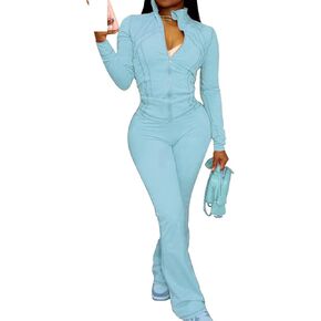 Molilove Womens 2 Piece Outfits Lounge Sweatsuit Set Long Sleeve Zipper Crop Jacket Long Flare Pants Tracksuits Workout Set