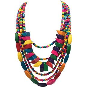 Statement Multicolor Wood Bead Chunky Layered Necklace For Women Multi Layer Color Wooden Beaded Bib Long Strand African Necklace For Women Fashion Jewelry Costume (01)