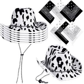 Zhanmai 12 Pieces Cow Print Cowboy Hat and Bandana Set Black and White for Western Parties Bachelorette Parties Country Dances Team Events and Halloween