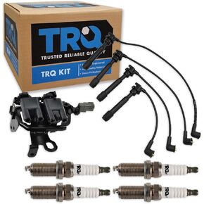 TRQ Ignition Kit Ignition Coil Spark Plugs Wire Set Compatible with 2003-2006 Hyundai Elantra 2005-2009 Tucson 2009 Kia Spectra Spectra5 2005-2007 Sportage