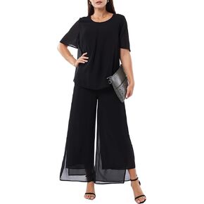 Women's 2 Piece Chiffon Sets Outfits Flowy Ruffle Layers Casual Dressy Wedding Guest Pant Suits