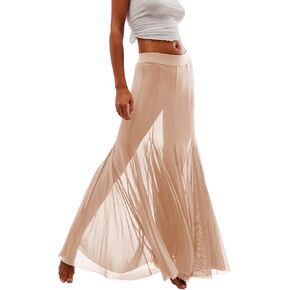 Womens Maxi Jaxi Mesh Plateed 2025 Summer Trendy Sexy Club Sheer Boho Beach Cover Up Flowy Tulle Skirt