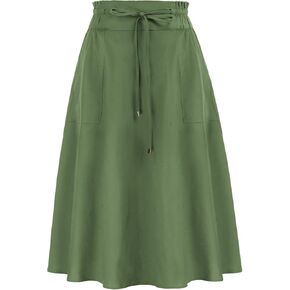 KANCY KOLE Women Casual Cotton Linen Skirts Frill Tie Waist A-Line Midi Skirt with Pockets S-XXL in Kuwait