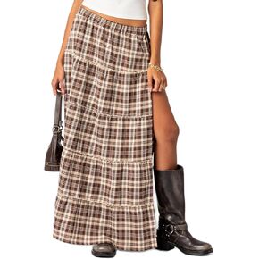 Women's Y2K Plaid Maxi Skirts Elastic Waist Side Slit Tiered Skirt Vintage Summer Flowy Gingham A Line Skirts