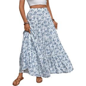 MakeMeChic Women's Plaid Print Tiered Layer A Line Ruffle Hem Loose Fit Casual Long Maxi Skirts