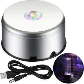 Mudder 7 LED Rotating Display Stand Light Colorful Crystal Base Cup Turner Platform 360 Degree Display Spinner with USB Cable for Tumbler Cup Crystal Glass Jewelry Art Craft Gift(1 Piece)
