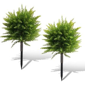 23.6" Artificial Cypress Topiary Tree with Ground Spike, Set of 2 Faux Cedar Bushes, Fake Evergreen Tree for Porch, Artificial Shrub Bushes Outdoor Indoor