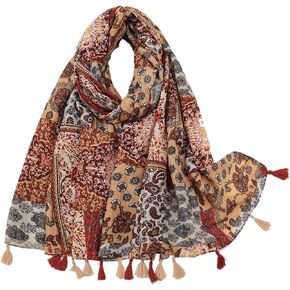 Guzosjo Women's Boho Cotton Hemp Lightweight Floral Print Print Long Shawl Wrap Shawl Shawl for Fall Spring