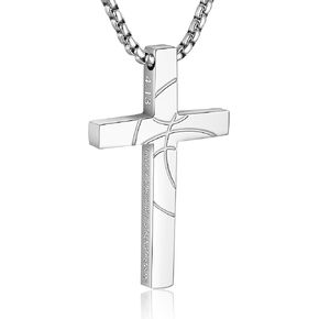 Basketball Cross Necklace for Boys Men Inspirational Christian Bible Verse Cross Pendant Stainless Steel Chain 20+2 inch Basketball Jewelry Religious Gift for Men