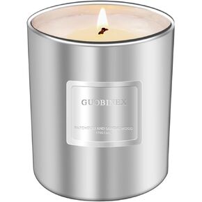 Luxury Patchouli Sandalwood Soy Candle in Silver Jar | Clean-Burn with Cotton Wick | Relaxation Gifts for Men/Women, Holiday/Home/Wellness