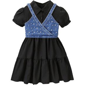 MakeMeChic Girl's 2 Piece Outfits Pearl Beaded Denim Top and Ruffle Tiered Shirt Dress Set