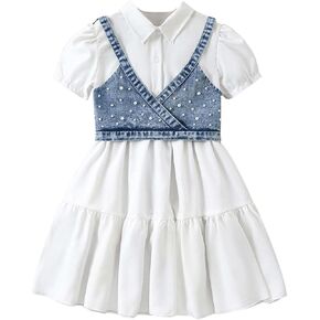 MakeMeChic Girl's 2 Piece Outfits Pearl Beaded Denim Top and Ruffle Tiered Shirt Dress Set in Kuwait