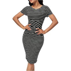 SHENHE Women's Striped Dress Short Sleeve Bodycon Elegant Knee Length Office Pencil Dress