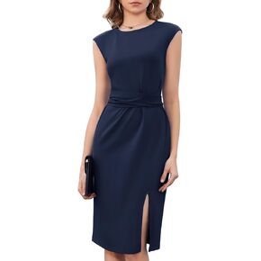 Dressystar Women Semi Formal Cocktail 2025 Dresses Summer Bodycon Work Business Office Cap Sleeve Tie Slit Church Dress