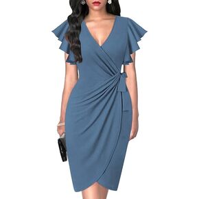 Womens 2025 Summer Deep V Neck Ruffle Sleeve Sheath Cocktail Party Work Faux Wrap Dress Fashion Outfits