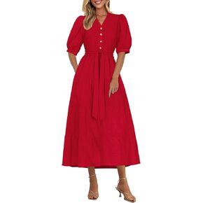 PRETTYGARDEN Women's Midi Dress 2025 Summer Casual Short Sleeve V Neck Buttons Belted Ruffle A Line Flowy Dress with Pockets
