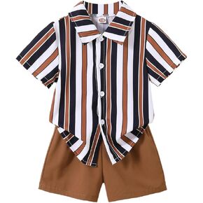 Boys 2 Pieces Summer Outfits Short Sleeve Button Down Striped Shirts and Shorts Sets for Kids