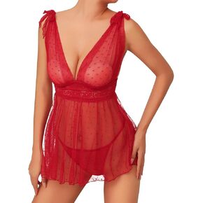 Women's 2 Piece Polka Dots Lace Sheer Mesh V Neck Babydoll Teddy Lingerie Set Sleepwear Nighty Nightwear Nightgown