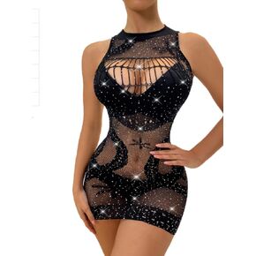 CIUCMIA Womens Rhinestone Fishnet Babyball Lingerie Lace Mini Dress Cut Out Sheer Negligee Chemise Sleepwear