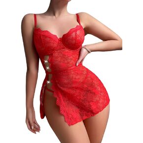 Sexy Split Side Cutout Floral Lace Underwire Sheer Babydoll Lingerie Dress with Thong 2 Piece