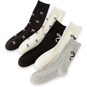 Mottee&Zconia Women's Crew Socks over Ankle Cute Bow Pattern Cotton Roll Top White Black Grey Fancy Printed Socks 5pack Size5-9
