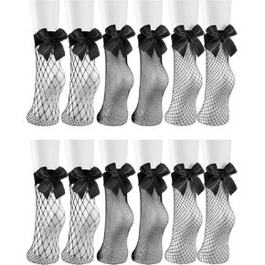Geyoga 6 Pairs Black Women Fishnet Socks Dress Short Ankle Socks Hollow out Elastic Mesh Lace for Cosplay Summer Wear