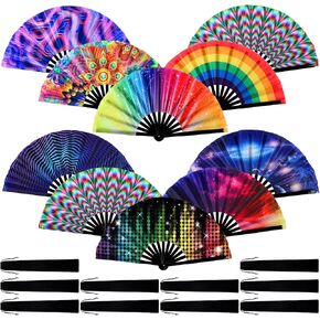 Pinkunn 10 Pcs Large Rave Hand Folding Fan with Bamboo Ribs and Case Craft Rave Rainbow Hand Fan for Drag Queen Dance Music Festival Party Performance and Gifts, 10 Styles, 25" (Stylish)