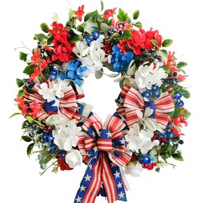 22 Inch Patriotic Spring Wreaths for Front Door 4th of July Wreaths with Red White Blue Hydrangea Flag Bowknot Wreath for Memorial Day Independence Day Home Decor