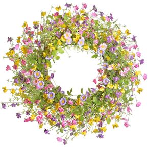 LSKYTOP Artificial Flower Wreath for Front Door 24inch Colorful Wildflower Wreath with Daisy for Wall Window Indoors Decor
