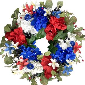 18 Inch Forth of July Hydrangea Roses Flower Wreath for Front Door, Patriotic Red White Blue Flower Wreath for Indoor and Outdoor, Memorial Day Independence Day Home Decor