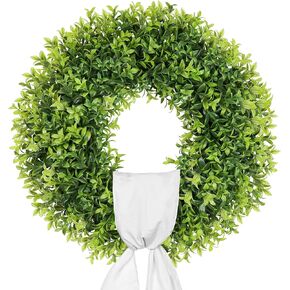 22 Inch Artificial Boxwood Wreaths for Front Door, Spring Summer Door Wreath with Sash, Green Wreath Weatherproof for Wall Window Porch Farmhouse Wedding Decor All Year Round Indoor Outdoor