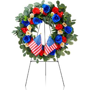 Crowye 2pcs Memorial Day Grave Wreaths with Stand Set 23.62in Cemetery Wreaths 30in Easel Patriotic Gravestone Headstone Independence Day Decor(USA Flag Style)