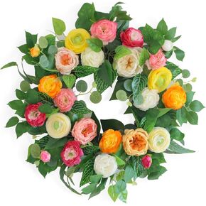 24" Spring Summer Wreaths for Front Door,Persian Buttercup Wreath, Austin Rose, Eucalyptus，Vivid Artificial Floral Wreath for Wall Window Farmhouse Party Holiday Home Décor