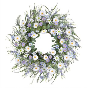 LSKYTOP 24Inch Daisy Flower Wreaths Purple Wreath with Green Eucalyptus Leaves and Lavender for Front Door Wall Window Indoors Decor