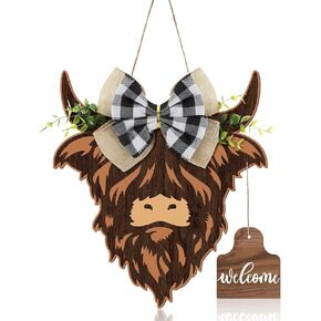 Weysat Highland Cow Decor Cow Head Wreath Sign Gifts Wooden Welcome Door Hanger for Front Door Porch Farmhouse Decor Indoor Outdoor(Wood Color)