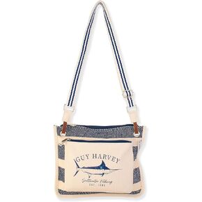 Guy Harvey Nautical Canvas Crossbody Bag, Cream and Navy, Marlin Logo Design