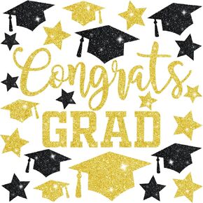 Whaline 6 Sheet Glitter Graduation Shinny Black Gold Grad Hat Star Reusable Window Decals for Home School Classroom Party Window Decor