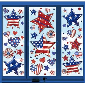 9 Sheets Patriotic Window Clings Watercolor Star Heart Window Stickers Double-Sided Vintage 4th of July Glass Decals for Independence Day Party Decor